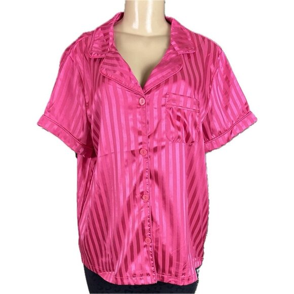 Tart L Satin Pink Faint Striped Button Short Sleeve Top/Satin Pants Pajama Set - Picture 2 of 9